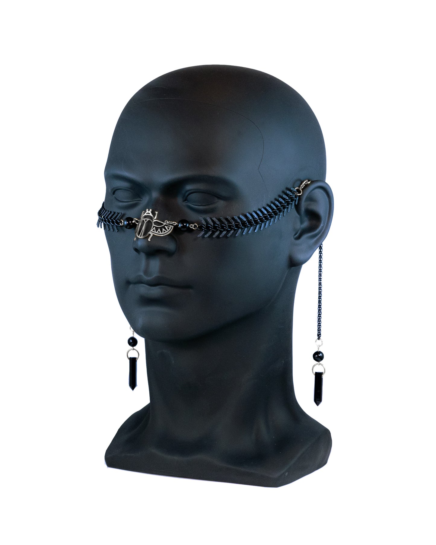 Black and Silver Scarab Fishbone Face Chain with Onyx - HearRingz