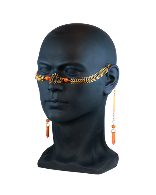 Gold Scarab Fishbone Face Chain with Carnelian