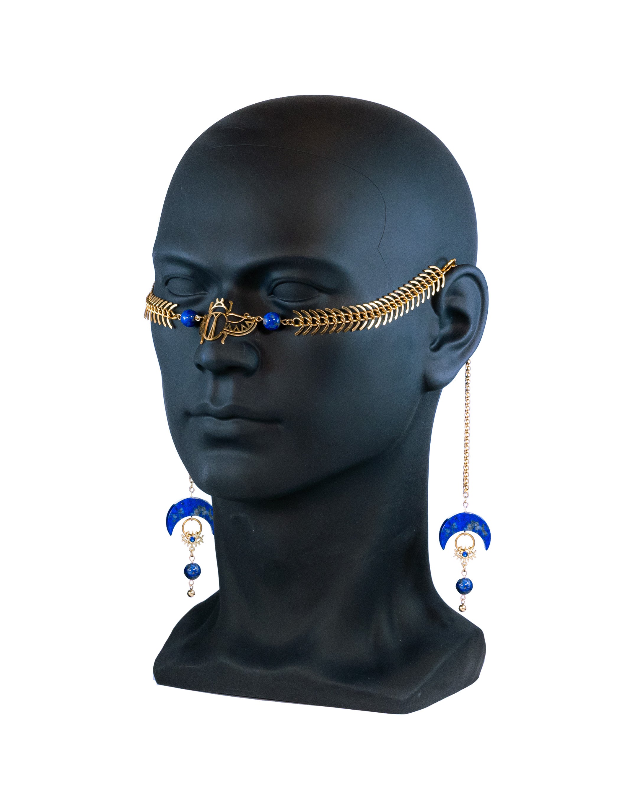 Gold Scarab Fishbone Face chain with Lapis Moons and gold eyes